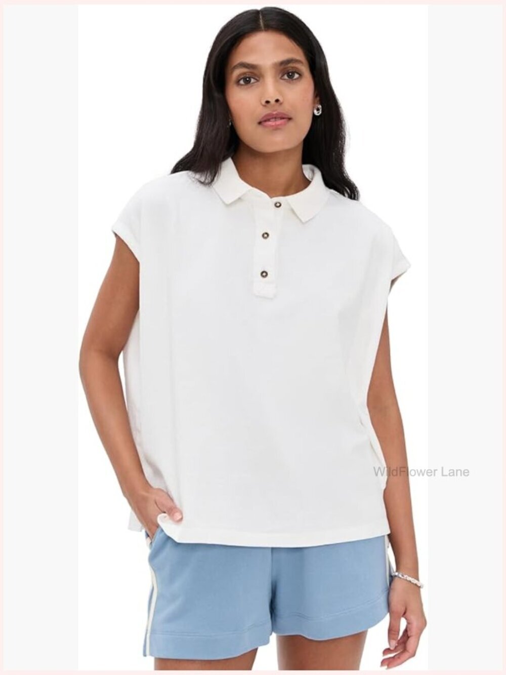 Polo Shirt with Cap Sleeves and Partial Button Placket